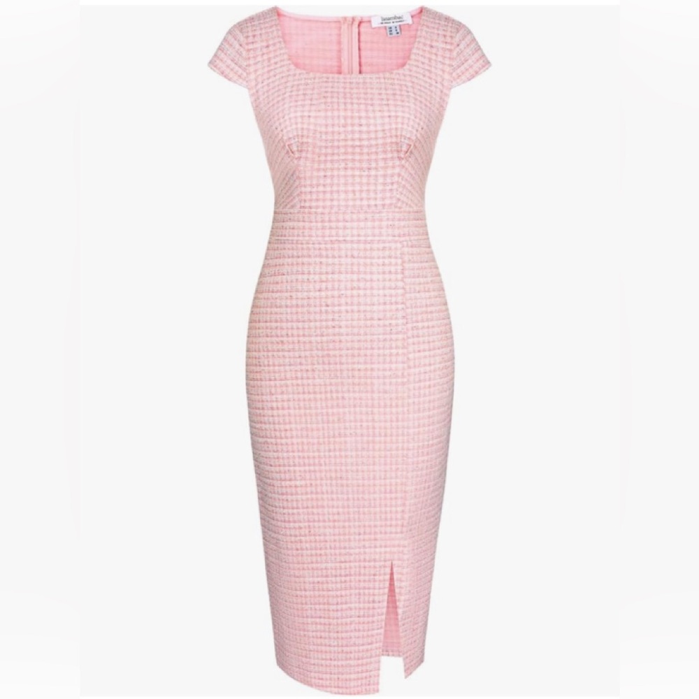 Women's Vintage MidiPencil Dress Tweed Cap Sleeve Sheath Dress Square Neck PINK🌸